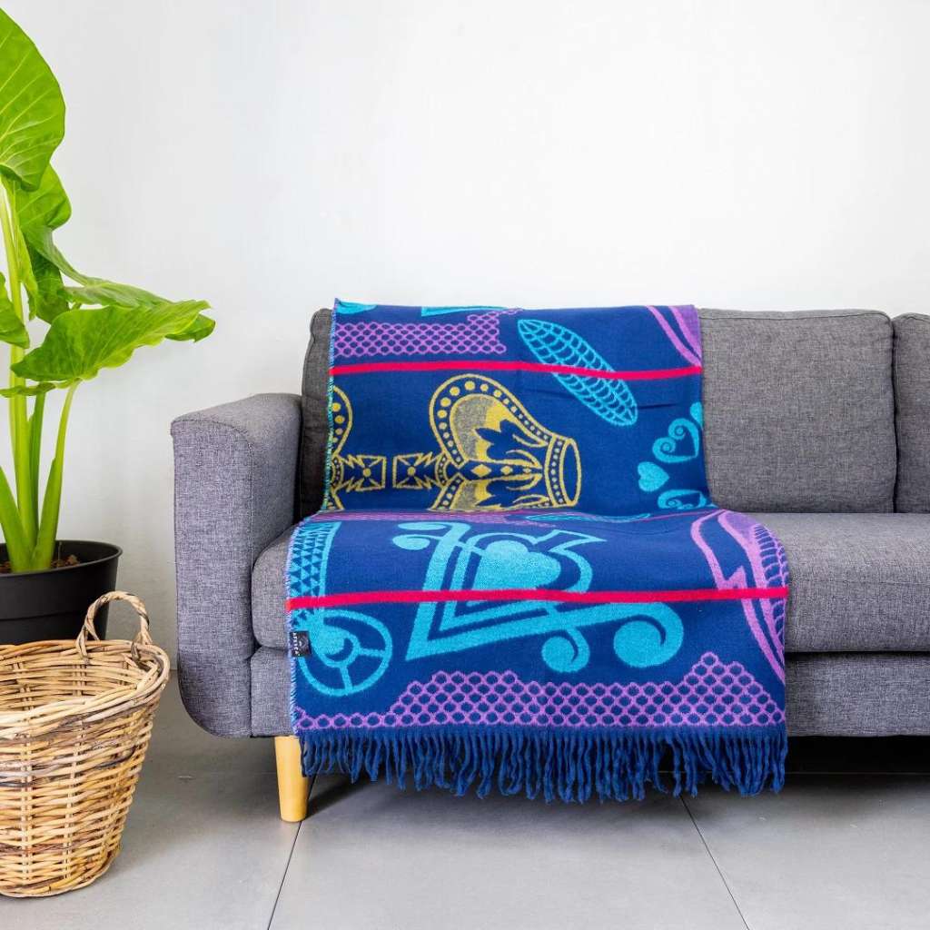 Lifestyle view of the Basotho Throw Navy/Aquamarine 3